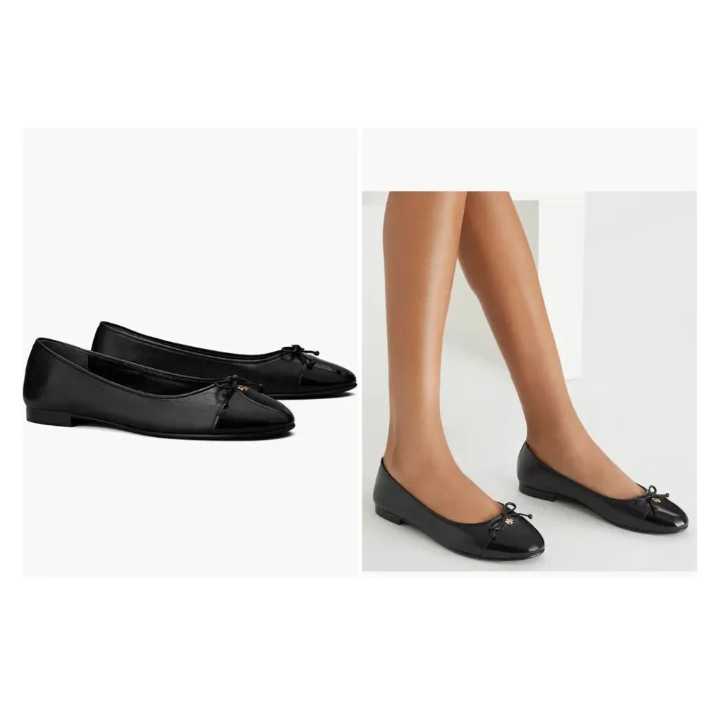 New $275 Tory Burch Cap-Toe Bow Ballet Flats in Perfect Black Size 10.5